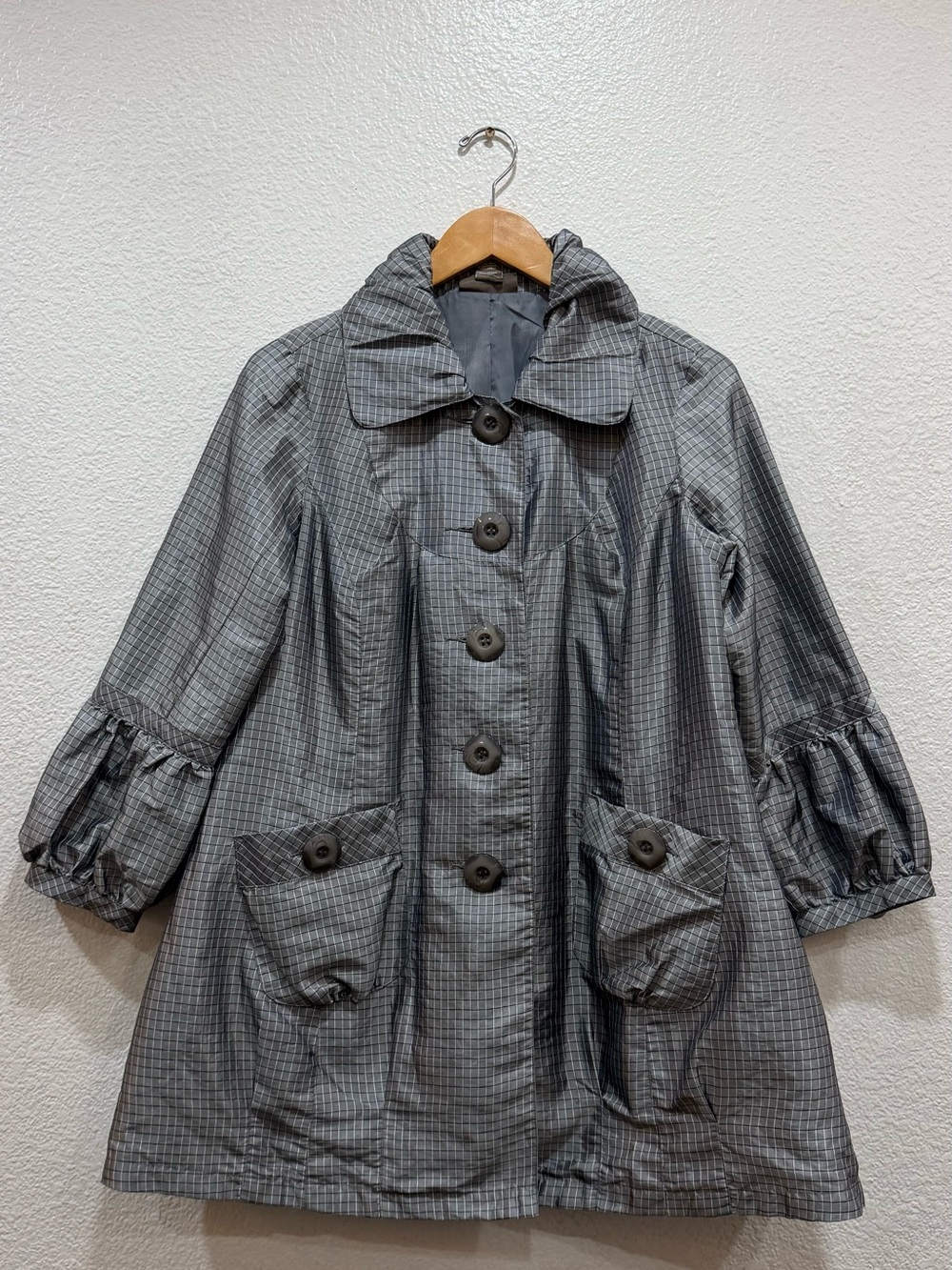 Kenar Gray Plaid Button-Up Trench Coat